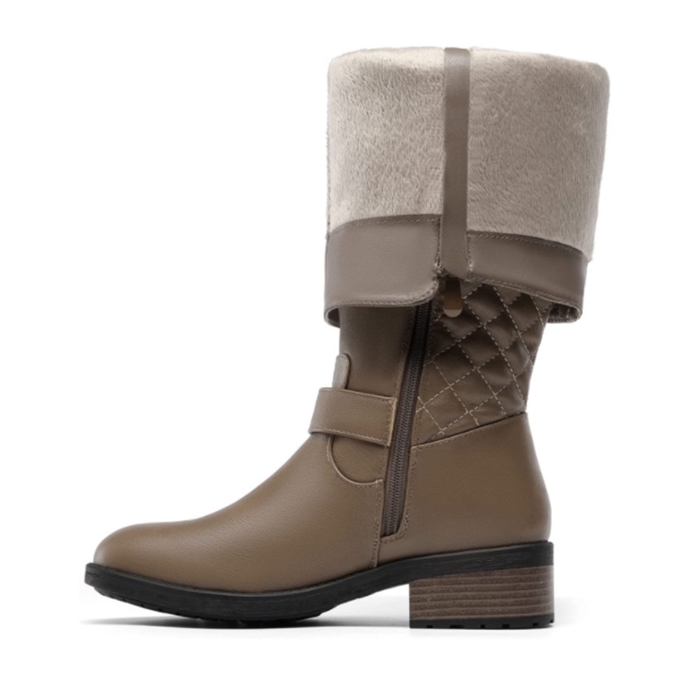 Khaki Knee High Riding  Warm Boots Buckle